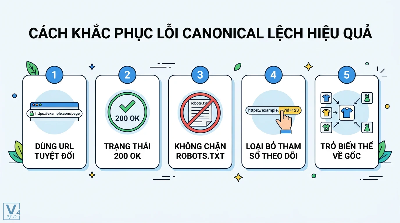 Canonical lệch là gì? Cách xử lý lỗi từ Google Search Console 3 Cách khắc phục lỗi canonical lệch bằng URL tuyệt đối, mã 200 OK, không chặn robots.txt, loại bỏ tham số theo dõi và trỏ biến thể về gốc