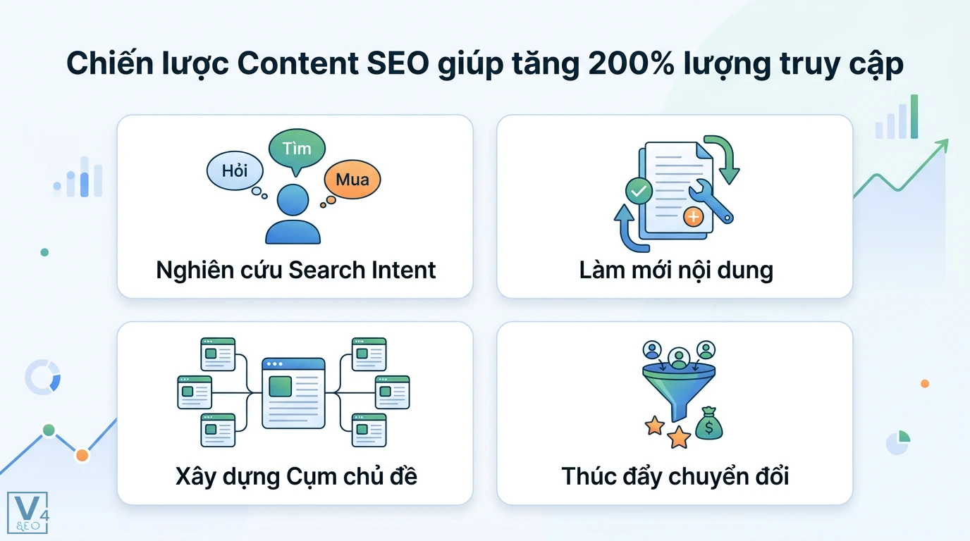 Case study: Làm sao để tăng 200 % lượng truy cập với Content SEO? 1 Chiến lược Content SEO tăng 200% traffic qua nghiên cứu Search Intent, làm mới nội dung, xây dựng cụm chủ đề và thúc đẩy chuyển đổi