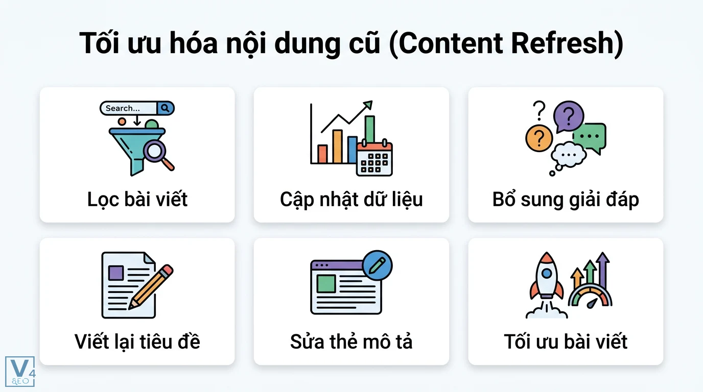 Case study: Làm sao để tăng 200 % lượng truy cập với Content SEO? 2 Tối ưu hóa nội dung cũ gồm lọc bài viết, cập nhật dữ liệu, bổ sung giải đáp, viết lại tiêu đề, sửa thẻ mô tả và tối ưu bài viết SEO
