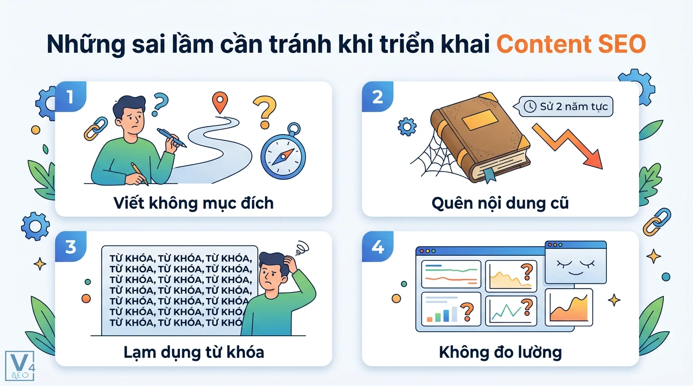 Case study: Làm sao để tăng 200 % lượng truy cập với Content SEO? 3 Sai lầm Content SEO cần tránh gồm viết không mục đích, bỏ qua nội dung cũ, lạm dụng từ khóa và không đo lường hiệu quả để tăng trưởng traffic