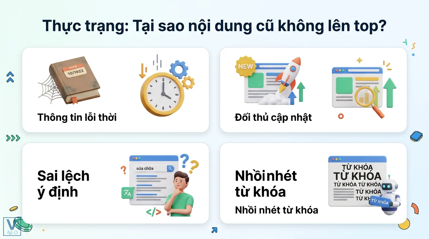 Case study: Làm sao để tăng thứ hạng từ khóa nhờ tối ưu nội dung? 1 Thực trạng nội dung cũ không lên top do Content Decay, thông tin lỗi thời, đối thủ cập nhật, sai lệch Search Intent và nhồi nhét từ khóa