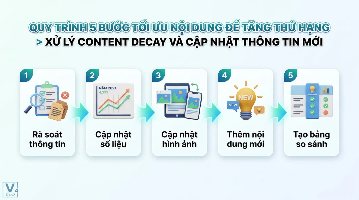 Case study: Làm sao để tăng thứ hạng từ khóa nhờ tối ưu nội dung? 2 Quy trình xử lý Content Decay gồm rà soát thông tin, cập nhật số liệu, đổi mới tư liệu, thêm nội dung và so sánh giải pháp tăng thứ hạng
