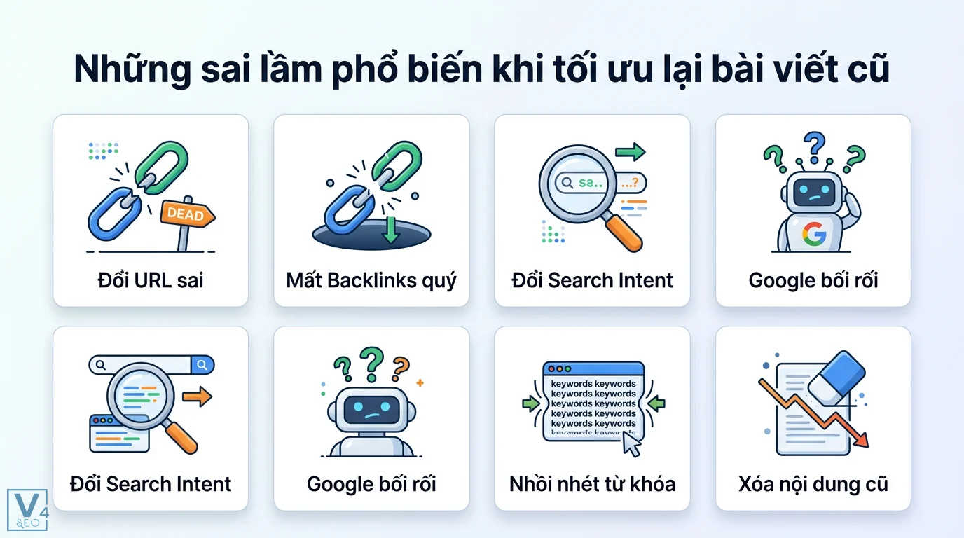 Case study: Làm sao để tăng thứ hạng từ khóa nhờ tối ưu nội dung? 3 Sai lầm phổ biến khi tối ưu bài viết cũ như đổi URL, mất backlinks, đổi Search Intent, nhồi nhét từ khóa và xóa nội dung làm Google bối rối