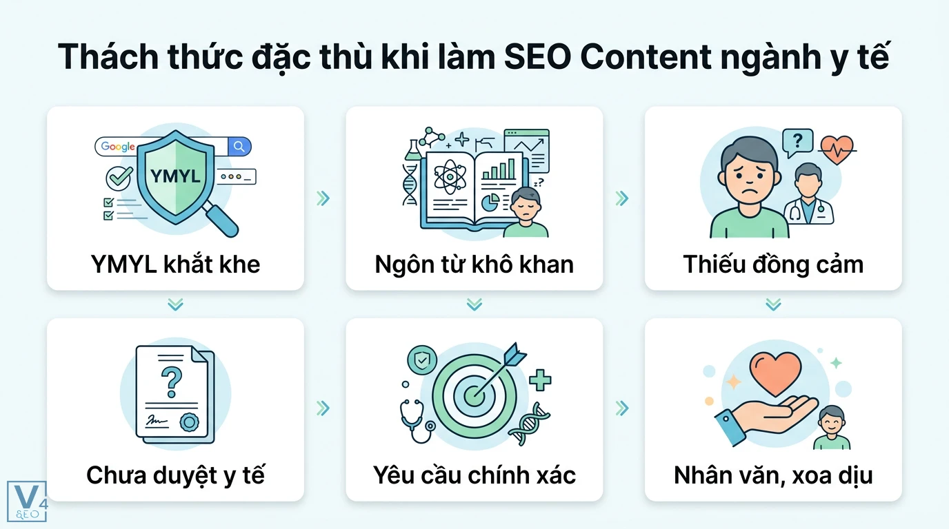 Câu chuyện thành công: SEO Content cho ngành y tế và kết quả bất ngờ 1 Thách thức SEO Content ngành y tế từ tiêu chuẩn YMYL, ngôn từ khô khan đến yêu cầu về tính chính xác, kiểm duyệt y khoa và nhân văn xoa dịu