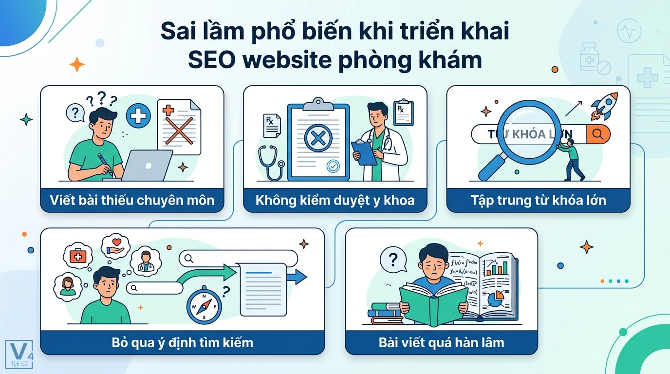 Câu chuyện thành công: SEO Content cho ngành y tế và kết quả bất ngờ 3 Sai lầm SEO website phòng khám gồm viết bài thiếu chuyên môn, không kiểm duyệt y khoa, tập trung từ khóa lớn và bỏ qua ý định tìm kiếm người dùng