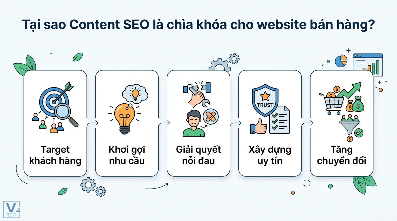 Câu chuyện thành công: Tối ưu Content SEO cho trang web bán hàng 1 Content SEO giúp website bán hàng target khách hàng, khơi gợi nhu cầu, giải quyết nỗi đau, xây dựng uy tín và tối ưu hóa tỷ lệ chuyển đổi