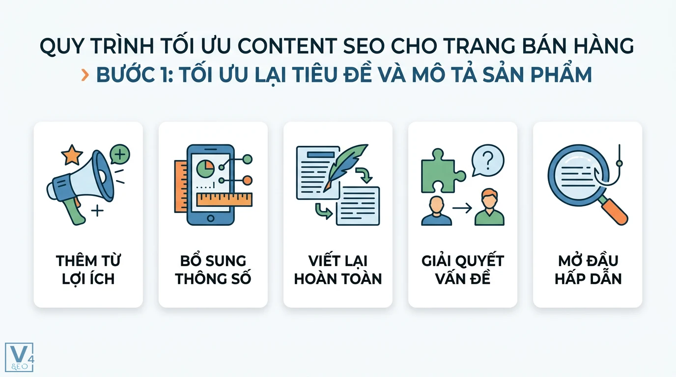 Câu chuyện thành công: Tối ưu Content SEO cho trang web bán hàng 2 Tối ưu tiêu đề và mô tả sản phẩm bằng cách thêm từ lợi ích, bổ sung thông số, viết lại hoàn toàn nội dung, giải quyết vấn đề và mở đầu hấp dẫn
