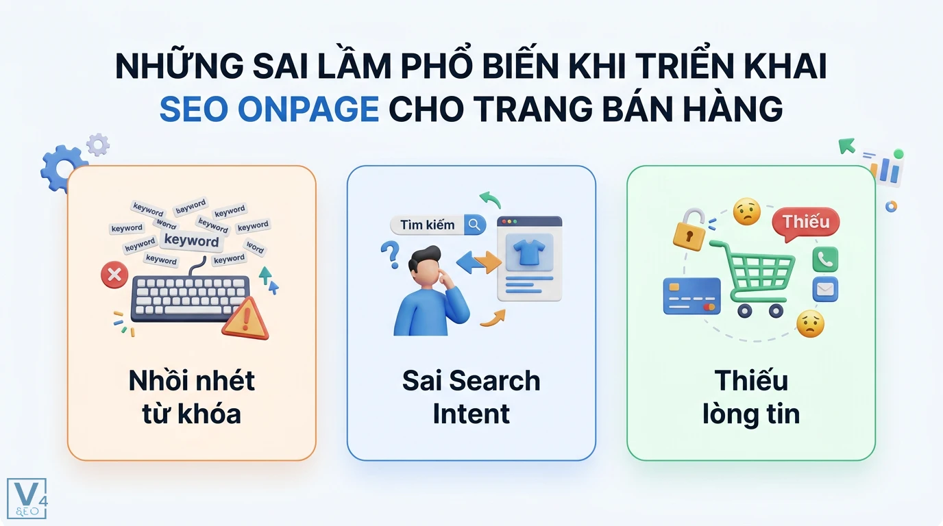 Câu chuyện thành công: Tối ưu Content SEO cho trang web bán hàng 3 Sai lầm khi triển khai SEO Onpage trang bán hàng gồm nhồi nhét từ khóa, sai Search Intent và thiếu các yếu tố xây dựng lòng tin khách hàng