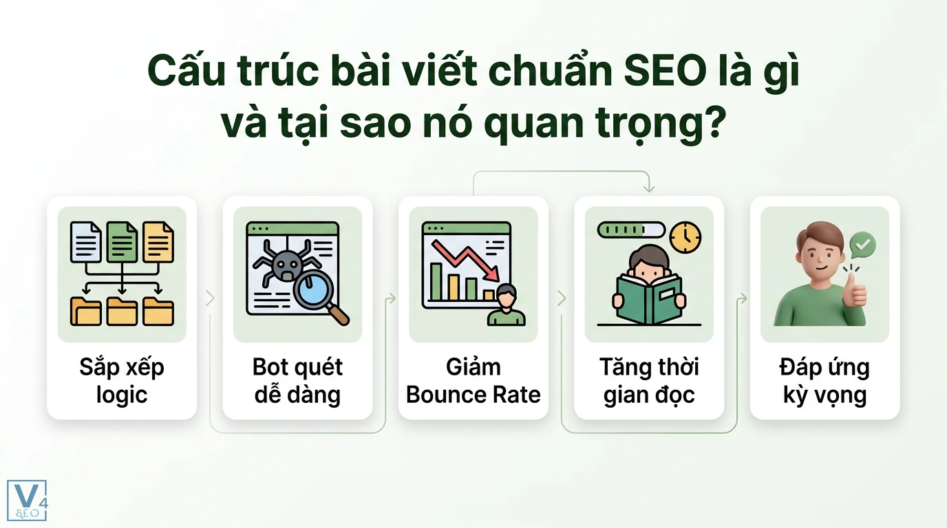 Cấu trúc bài viết chuẩn SEO: Những yếu tố cần có & Mẫu 'Siêu' cấu trúc 1 Cấu trúc bài viết chuẩn SEO mang lại nhiều lợi ích: nội dung được sắp xếp logic, bot dễ thu thập, giảm tỷ lệ thoát trang, tăng thời gian đọc, và đáp ứng tốt kỳ vọng của người dùng