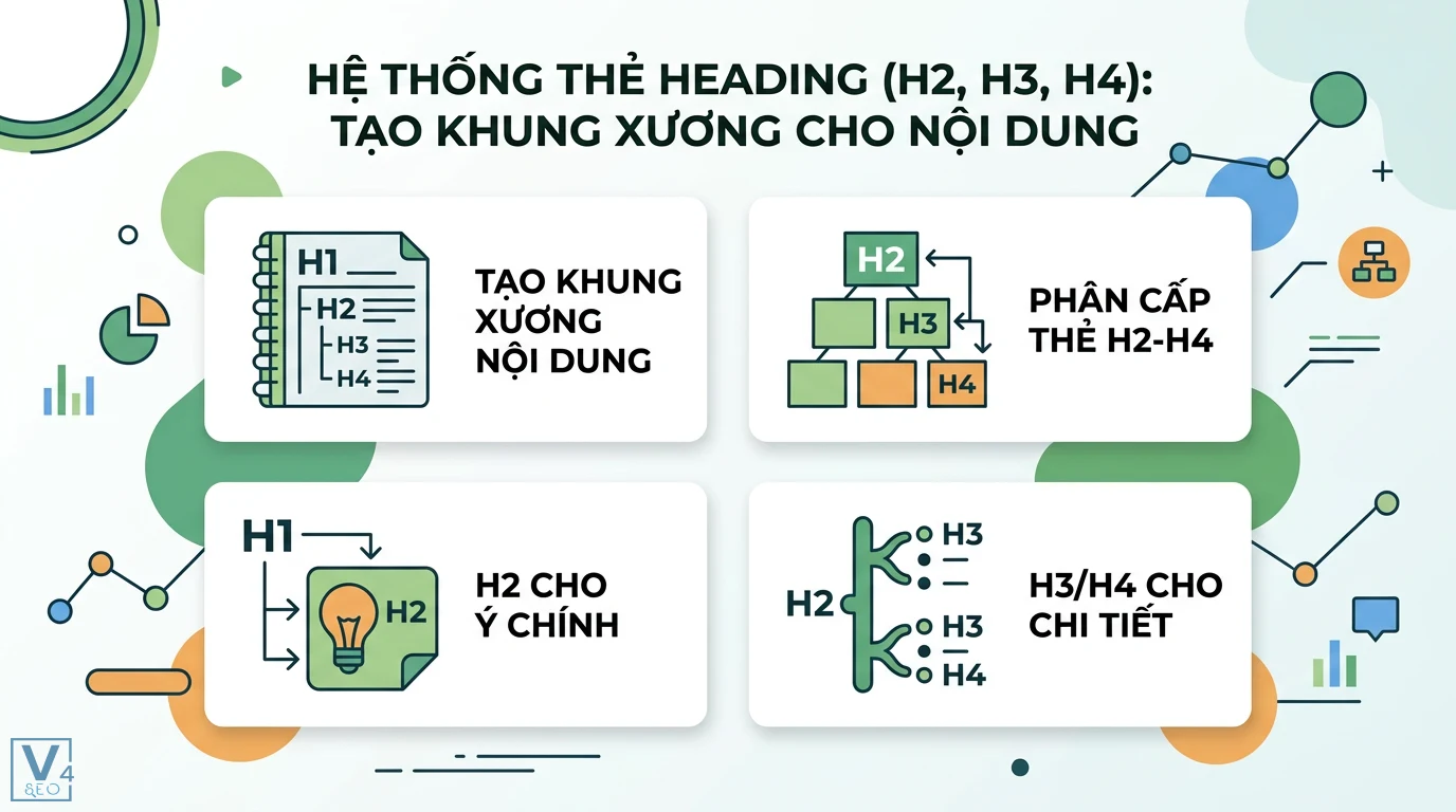 Cấu trúc bài viết chuẩn SEO: Những yếu tố cần có & Mẫu 'Siêu' cấu trúc 2 Hệ thống thẻ Heading (H1, H2, H3, H4) tạo khung xương nội dung, H2 cho ý chính, H3/H4 cho chi tiết, phân cấp rõ ràng