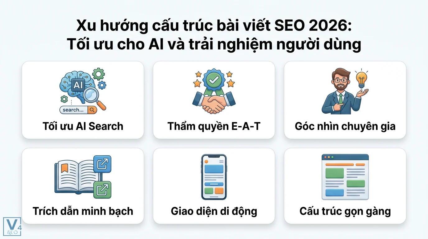 Cấu trúc bài viết chuẩn SEO: Những yếu tố cần có & Mẫu 'Siêu' cấu trúc 3 Sáu yếu tố cốt lõi của cấu trúc bài viết SEO 2026: tối ưu AI Search, thẩm quyền E-A-T, góc nhìn chuyên gia, trích dẫn minh bạch, giao diện di động, và cấu trúc gọn gàng