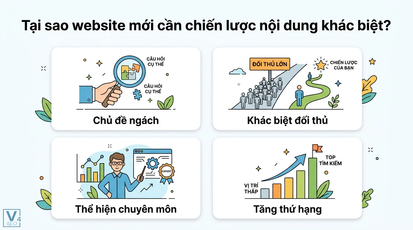 Chiến lược Content SEO hiệu quả nhất cho website mới: 3 tháng đầu 1 Chiến lược nội dung website mới tập trung chủ đề ngách, khác biệt đối thủ, thể hiện chuyên môn để tăng thứ hạng từ thấp lên top tìm kiếm Google