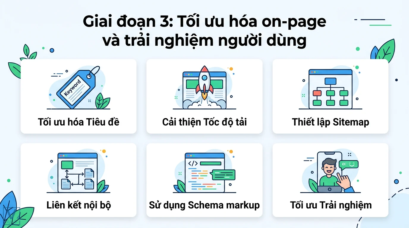 Chiến lược Content SEO hiệu quả nhất cho website mới: 3 tháng đầu 2 Tối ưu hóa on-page và trải nghiệm người dùng bao gồm tinh chỉnh tiêu đề, tốc độ tải, sitemap, liên kết nội bộ, schema markup và yếu tố UX