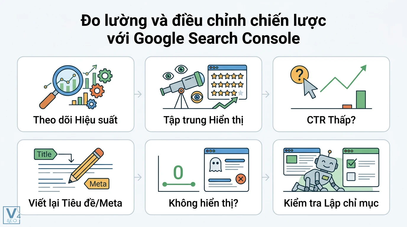 Chiến lược Content SEO hiệu quả nhất cho website mới: 3 tháng đầu 3 Đo lường hiệu suất Google Search Console, theo dõi lượt hiển thị, tối ưu CTR, viết lại thẻ tiêu đề và kiểm tra lập chỉ mục bài viết SEO