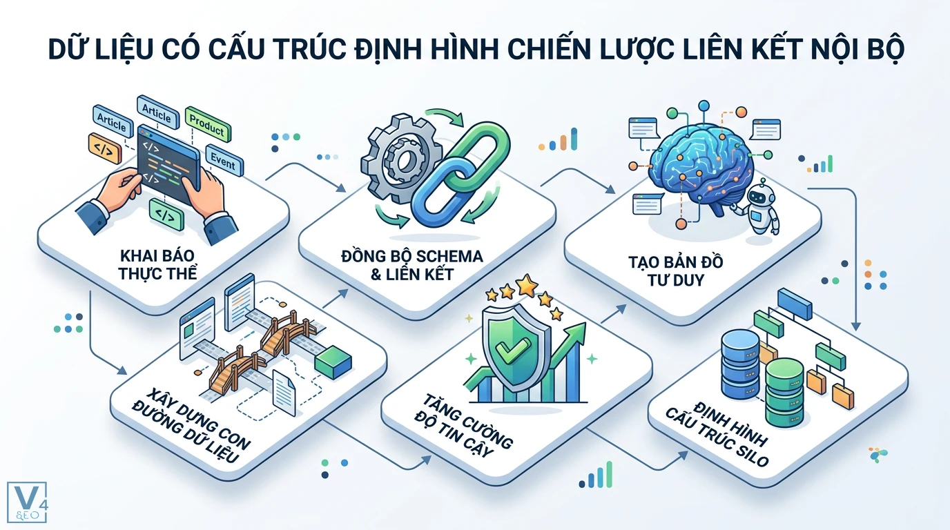 Chiến lược liên kết nội bộ xoay quanh các loại Schema cho Entity 1 Khai báo thực thể đồng bộ với hệ thống liên kết nội bộ giúp tăng độ tin cậy của website và định hình chính xác cấu trúc Silo chuẩn Entity