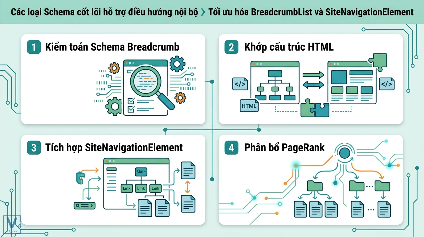 Chiến lược liên kết nội bộ xoay quanh các loại Schema cho Entity 2 Quy trình tối ưu hóa BreadcrumbList và SiteNavigationElement để khớp cấu trúc HTML giúp phân bổ PageRank hiệu quả cho hệ thống điều hướng nội bộ