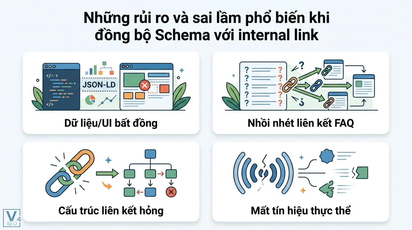 Chiến lược liên kết nội bộ xoay quanh các loại Schema cho Entity 3 Rủi ro đồng bộ Schema với internal link gồm bất đồng dữ liệu UI, nhồi nhét liên kết FAQ, cấu trúc liên kết hỏng và mất tín hiệu thực thể