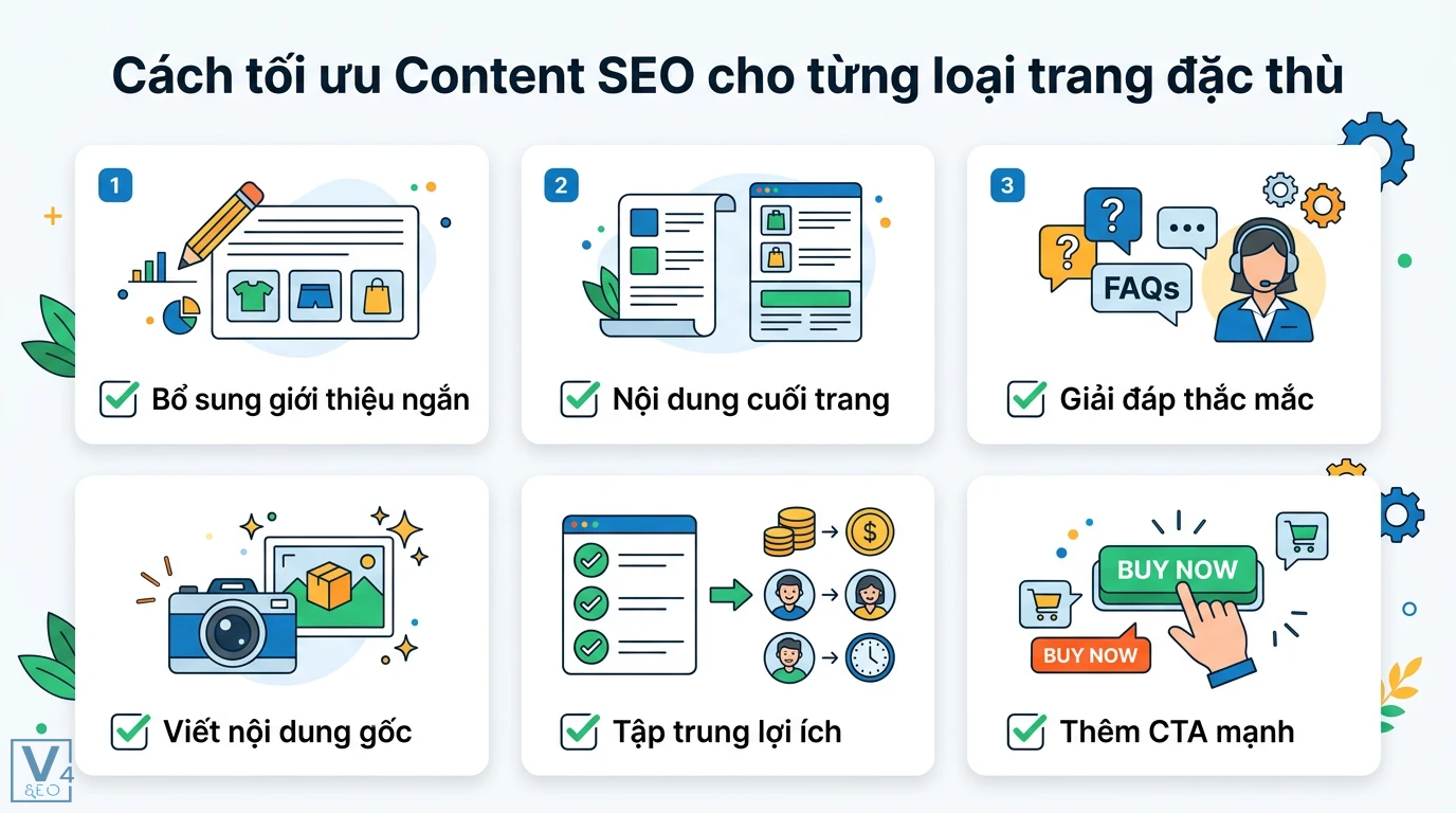 Chiến lược Content SEO 2026 cho Website Bán Hàng: Tăng Tỷ Lệ Chuyển Đổi 2 Tối ưu Content SEO cho trang danh mục và sản phẩm gồm giới thiệu ngắn, nội dung cuối trang, FAQs, nội dung gốc, lợi ích và nút CTA mạnh
