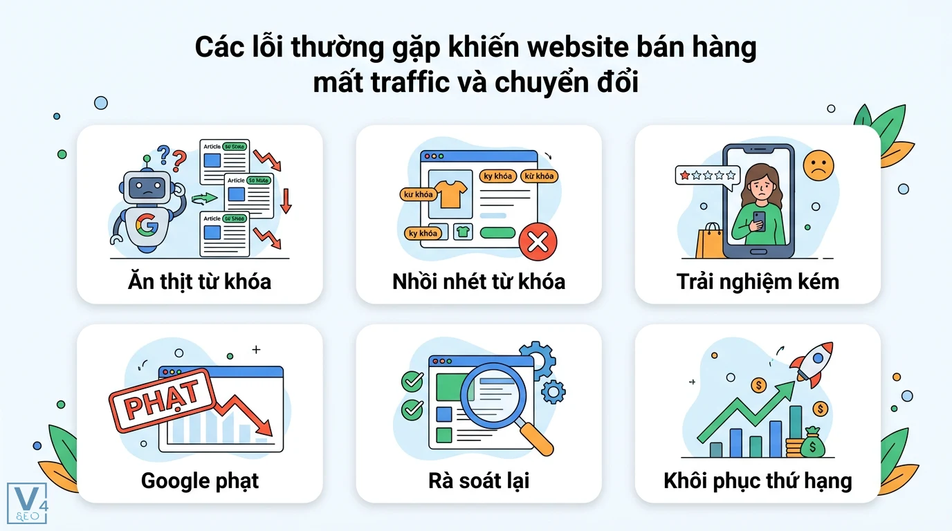 Chiến lược Content SEO 2026 cho Website Bán Hàng: Tăng Tỷ Lệ Chuyển Đổi 3 Lỗi ăn thịt từ khóa, nhồi nhét từ khóa và trải nghiệm kém khiến website bị Google phạt, cần rà soát lại để phục hồi thứ hạng và tăng traffic