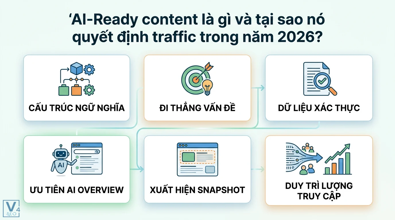 Chiến thuật tạo nội dung “AI-Ready” xuất hiện trong snapshot SGE 1 AI-Ready content với cấu trúc ngữ nghĩa và dữ liệu xác thực giúp xuất hiện trên AI Overview và Snapshot để duy trì traffic năm 2026