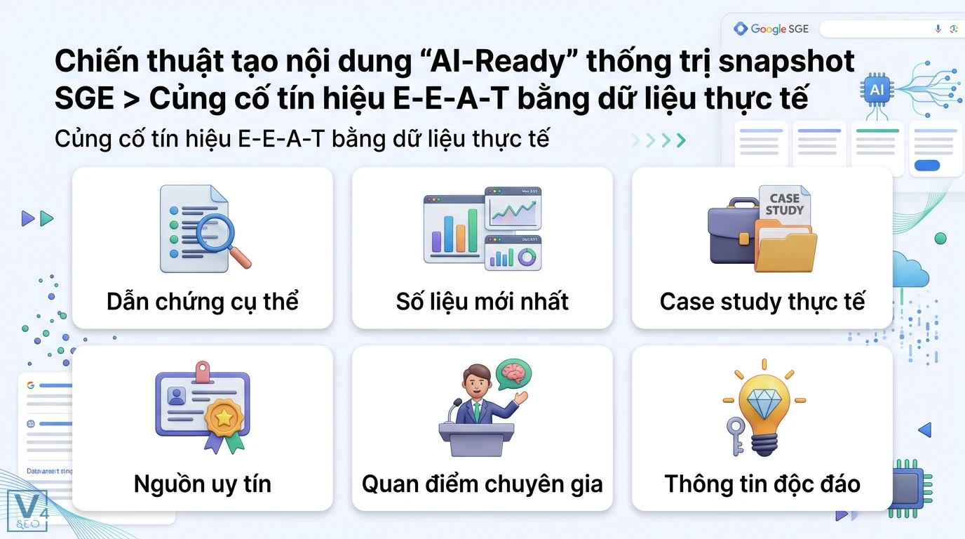 Chiến thuật tạo nội dung “AI-Ready” xuất hiện trong snapshot SGE 2 Củng cố E-E-A-T cho nội dung AI-Ready bằng dẫn chứng, số liệu, case study, nguồn uy tín và quan điểm chuyên gia để tối ưu snapshot SGE
