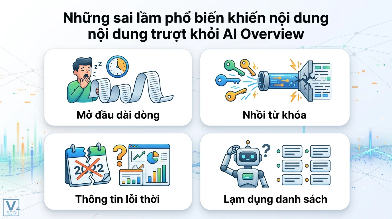 Chiến thuật tạo nội dung “AI-Ready” xuất hiện trong snapshot SGE 3 Những sai lầm khiến nội dung trượt khỏi AI Overview như mở đầu dài dòng, nhồi nhét từ khóa, thông tin lỗi thời và lạm dụng danh sách rời rạc