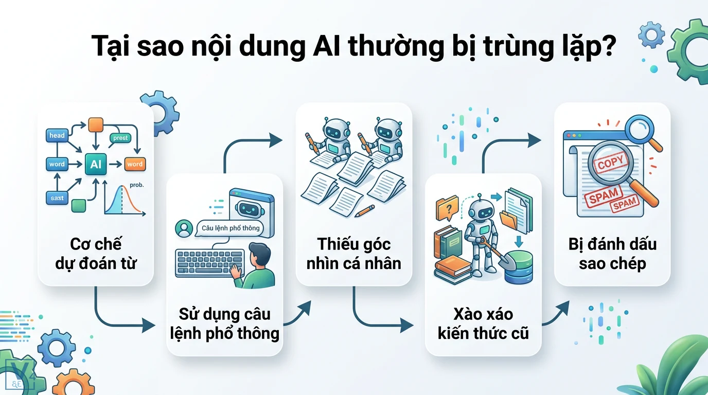 Chống trùng lặp nội dung do AI: quy trình audit & làm mới chuẩn EEAT 1 Cơ chế nội dung AI trùng lặp do dự đoán từ, câu lệnh phổ thông, thiếu góc nhìn cá nhân, xào xáo kiến thức cũ dẫn đến bị đánh dấu sao chép