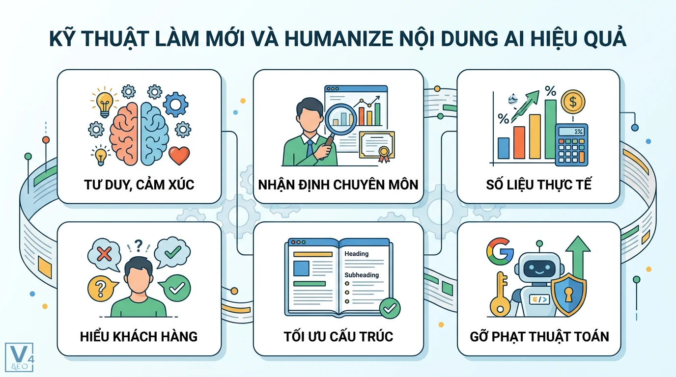 Chống trùng lặp nội dung do AI: quy trình audit & làm mới chuẩn EEAT 2 Kỹ thuật làm mới nội dung AI bằng tư duy cảm xúc, chuyên môn, số liệu thực tế, hiểu khách hàng, tối ưu cấu trúc và gỡ phạt thuật toán