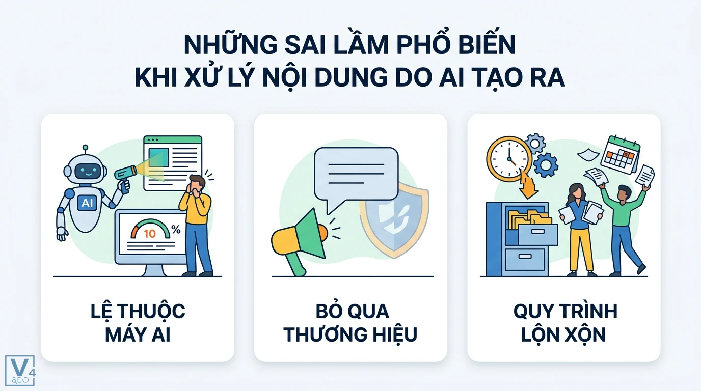 Chống trùng lặp nội dung do AI: quy trình audit & làm mới chuẩn EEAT 3 Sai lầm khi xử lý nội dung AI gồm lệ thuộc vào máy móc, bỏ qua bản sắc thương hiệu và quy trình quản lý bài viết lộn xộn thiếu tổ chức