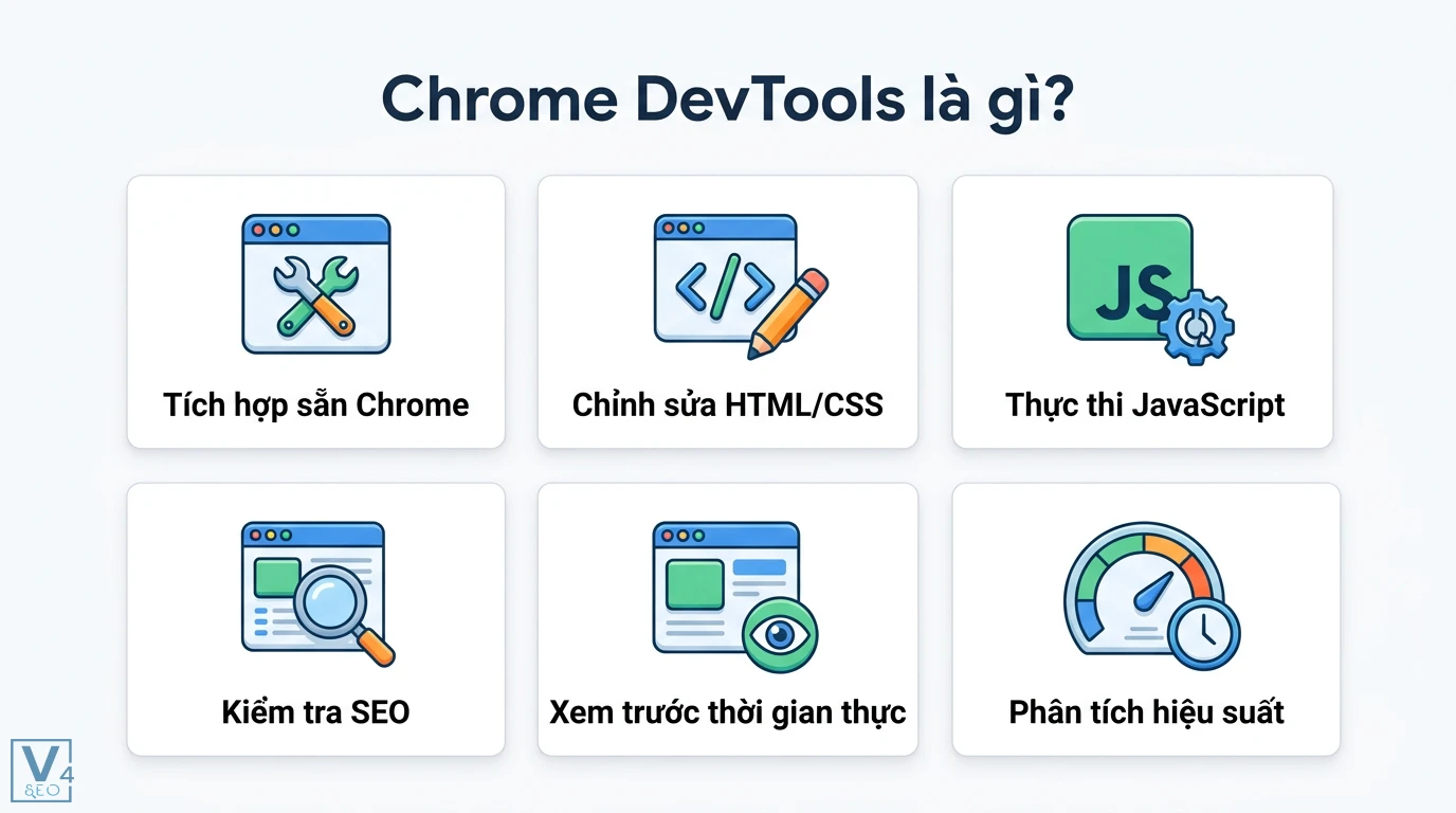 Chrome DevTools là gì? Hướng dẫn debug và tối ưu website từ A-Z 1 Chrome DevTools hỗ trợ chỉnh sửa HTML/CSS, thực thi JavaScript, kiểm tra SEO, xem trước thời gian thực và phân tích hiệu suất trang web