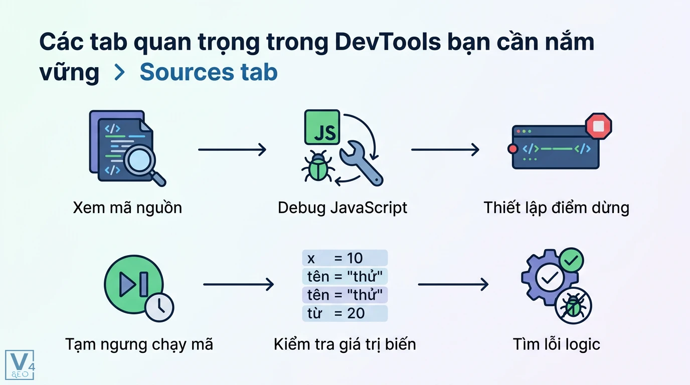 Chrome DevTools là gì? Hướng dẫn debug và tối ưu website từ A-Z 2 Tab Sources trong DevTools hỗ trợ xem mã nguồn, thiết lập điểm dừng, tạm ngưng mã và kiểm tra biến để tìm lỗi logic khi debug JavaScript