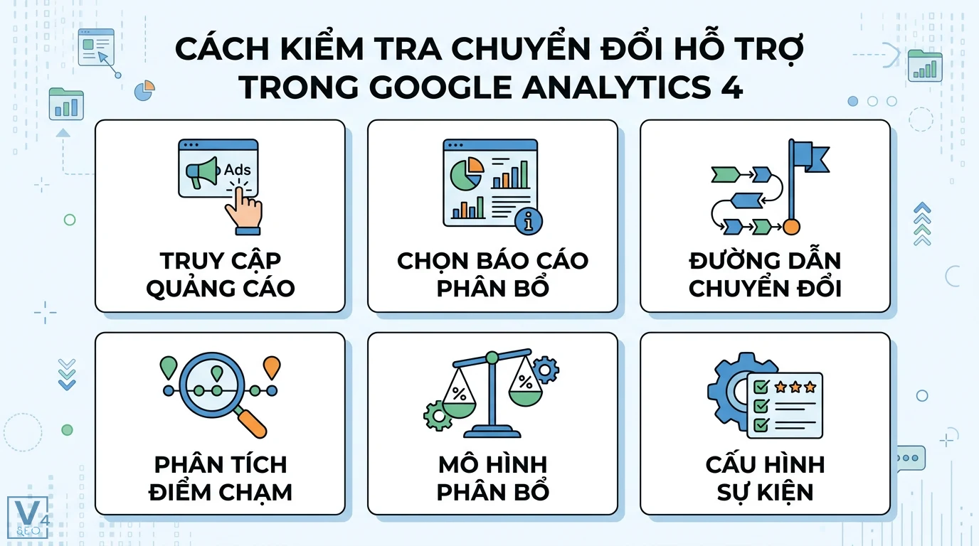 Chuyển đổi hỗ trợ là gì? Phân biệt rõ với chuyển đổi trực tiếp 2 Cách kiểm tra chuyển đổi hỗ trợ trong Google Analytics 4 qua báo cáo phân bổ, đường dẫn chuyển đổi, phân tích điểm chạm và mô hình phân bổ