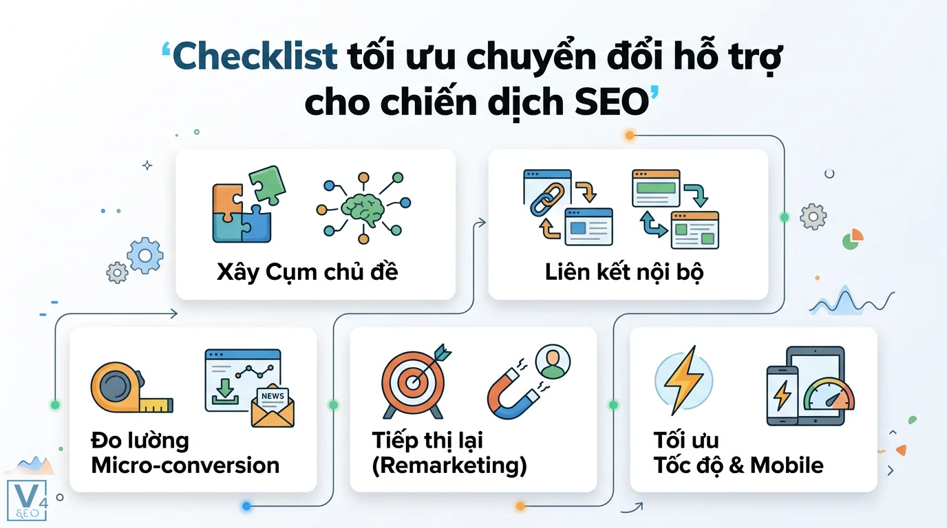 Chuyển đổi hỗ trợ là gì? Phân biệt rõ với chuyển đổi trực tiếp 3 Checklist tối ưu chuyển đổi hỗ trợ SEO gồm xây cụm chủ đề, liên kết nội bộ, micro-conversion, remarketing và tối ưu tốc độ di động