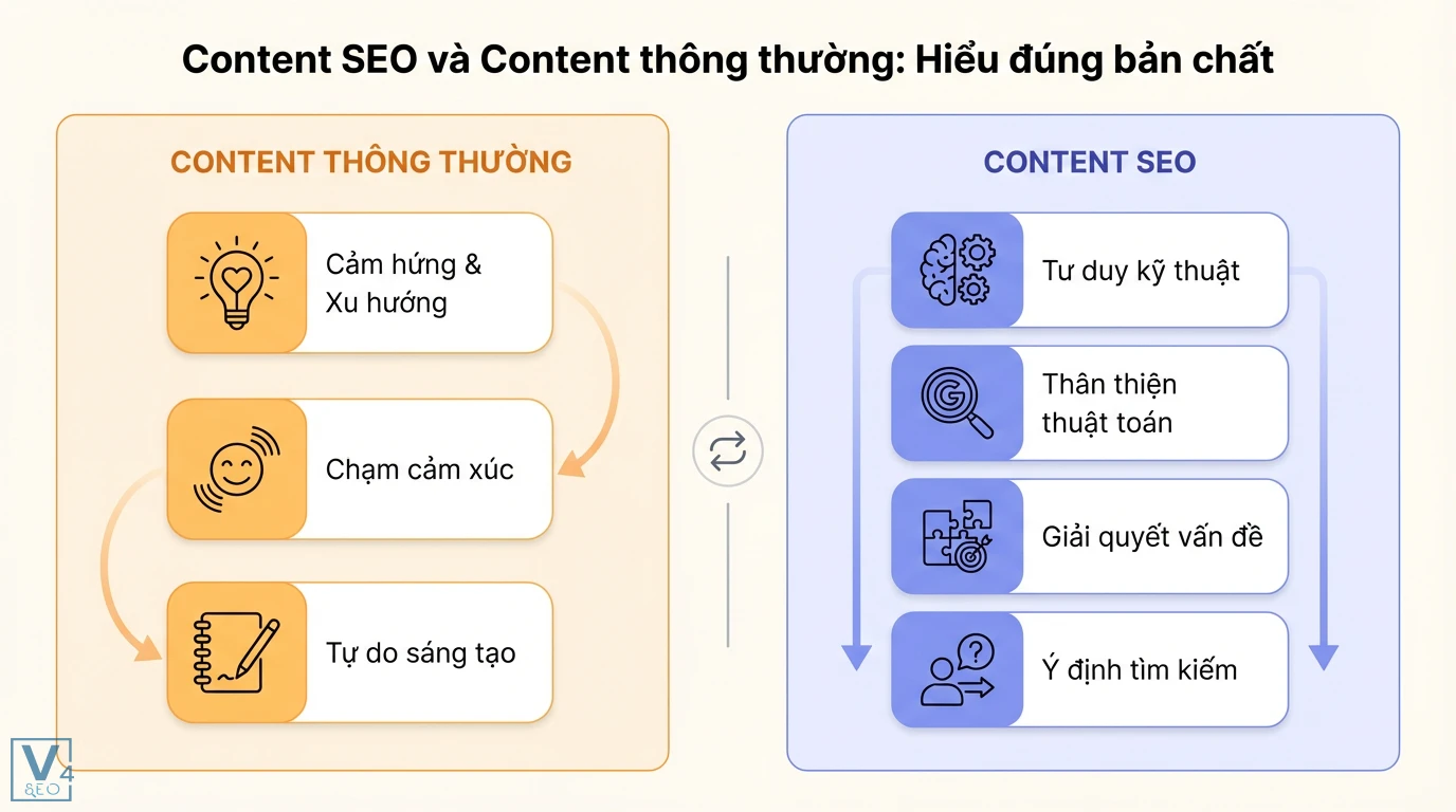 Content SEO & Content thường: Khác biệt cốt lõi tạo traffic bền vững 1 Content thông thường ưu tiên cảm xúc, sáng tạo; Content SEO tập trung kỹ thuật, thân thiện thuật toán, ý định tìm kiếm