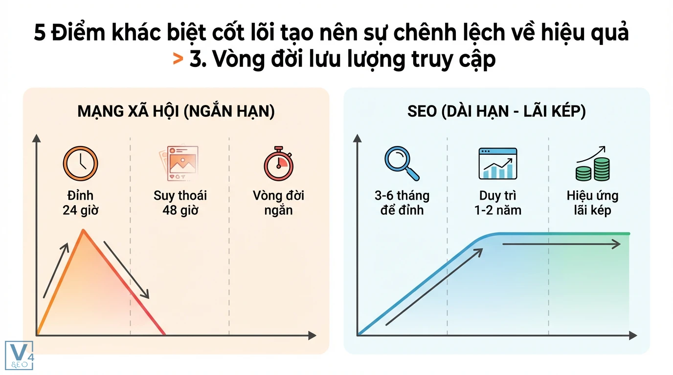 Content SEO & Content thường: Khác biệt cốt lõi tạo traffic bền vững 2 Vòng đời lưu lượng truy cập: Mạng xã hội đỉnh 24 giờ, suy thoái 48 giờ. SEO mất 3-6 tháng đạt đỉnh, duy trì 1-2 năm, hiệu ứng lãi kép