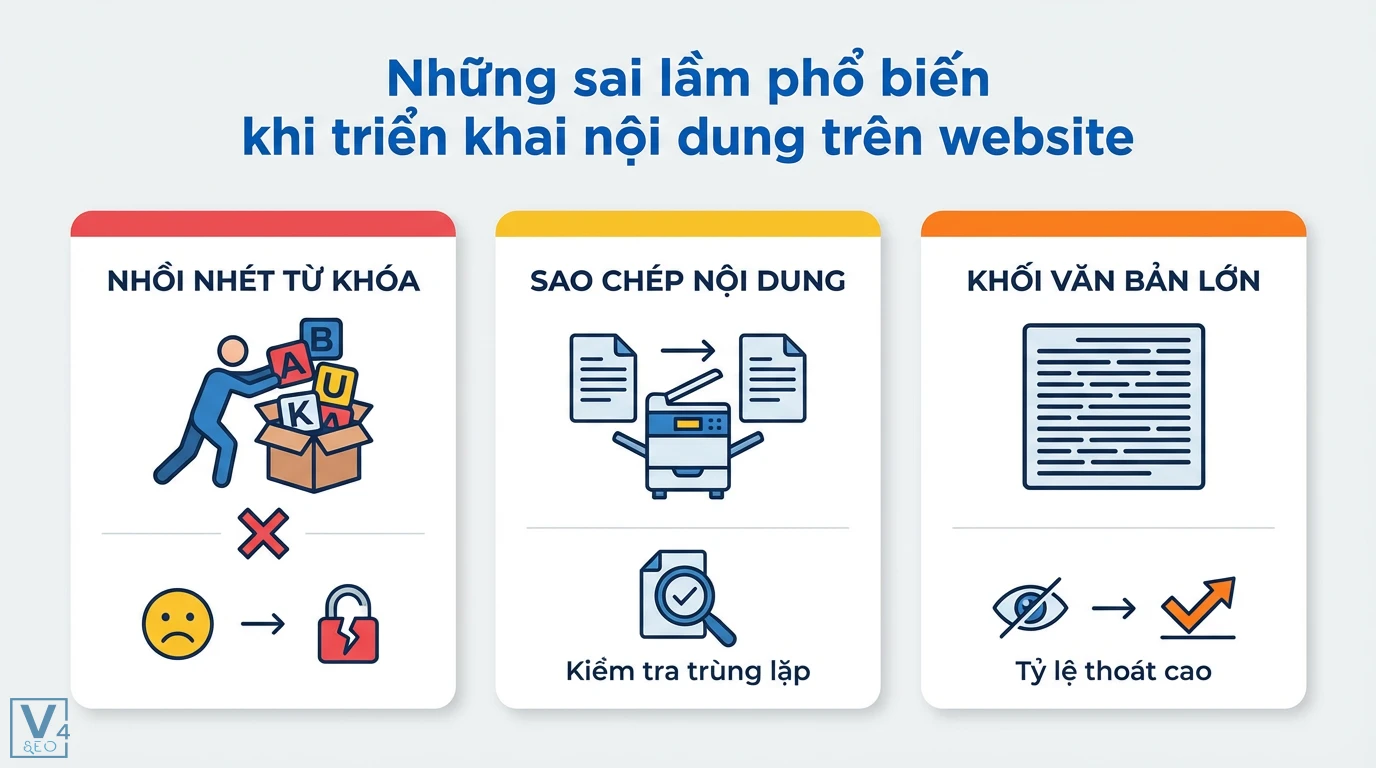 Content SEO & Content thường: Khác biệt cốt lõi tạo traffic bền vững 3 Những sai lầm phổ biến khi triển khai nội dung website: nhồi nhét từ khóa, sao chép, khối văn bản lớn