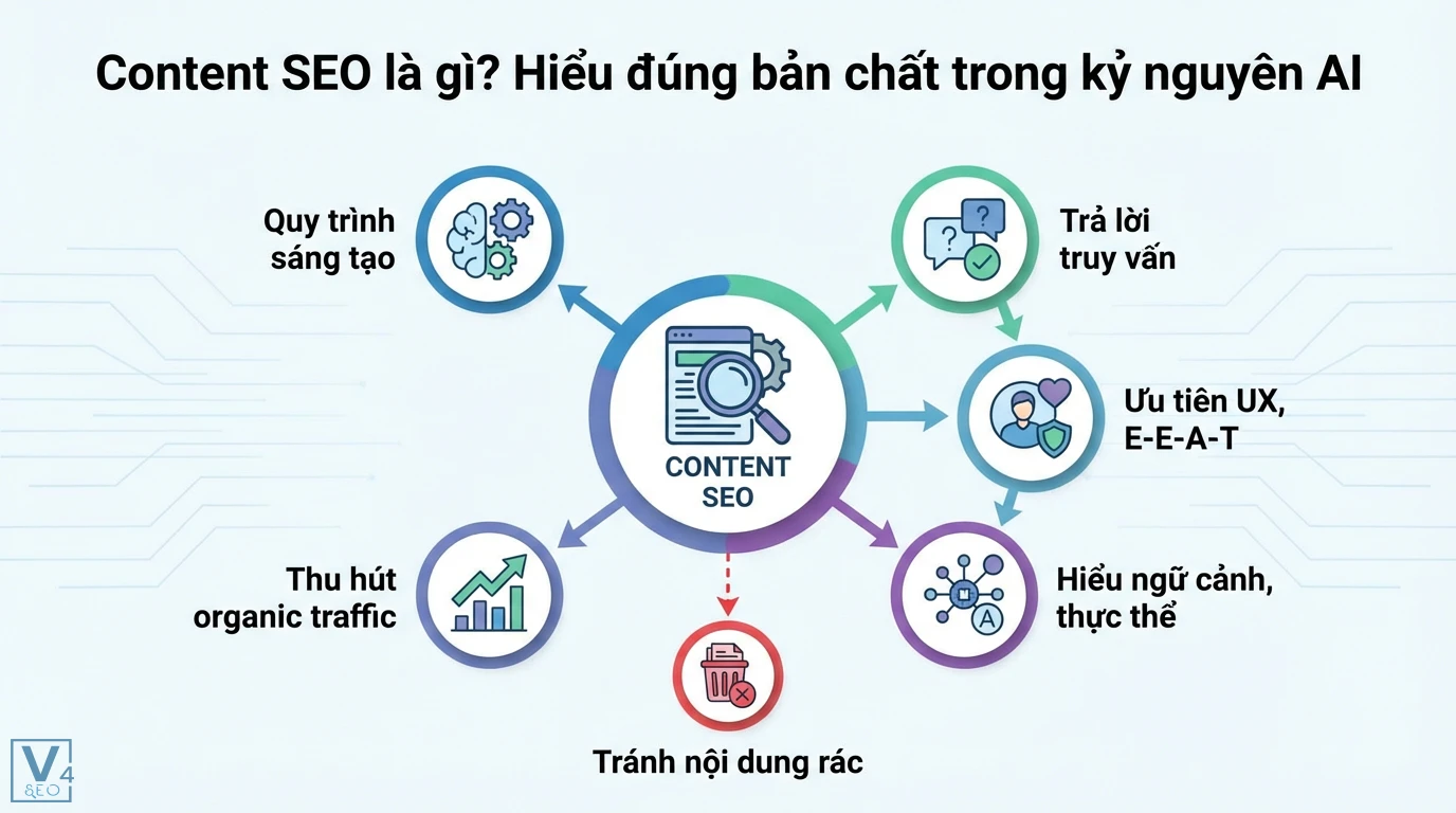 Content SEO là gì? Quy trình 10 bước với AI & Entity SEO 2026 1 Content SEO trong kỷ nguyên AI bao gồm quy trình sáng tạo, trả lời truy vấn, ưu tiên UX E-E-A-T, hiểu ngữ cảnh thực thể, thu hút organic traffic và tránh nội dung rác