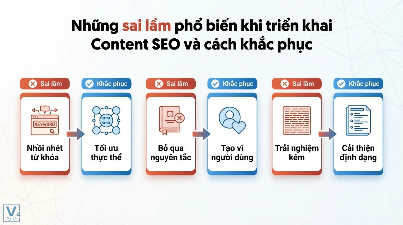 Content SEO là gì? Quy trình 10 bước với AI & Entity SEO 2026 3 Các sai lầm Content SEO phổ biến: nhồi nhét từ khóa, bỏ qua nguyên tắc, trải nghiệm kém và cách tối ưu thực thể, tạo nội dung vì người dùng, cải thiện định dạng