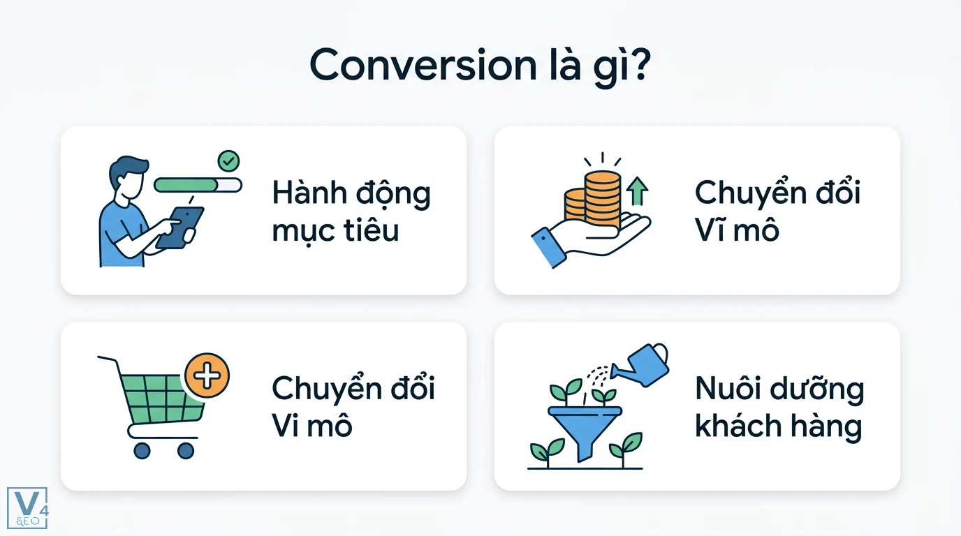 Conversions là gì? Hướng dẫn đo lường và tối ưu chuyển đổi hiện đại 1 Conversion bao gồm thực hiện hành động mục tiêu, phân loại chuyển đổi vĩ mô, chuyển đổi vi mô và quy trình nuôi dưỡng khách hàng tiềm năng