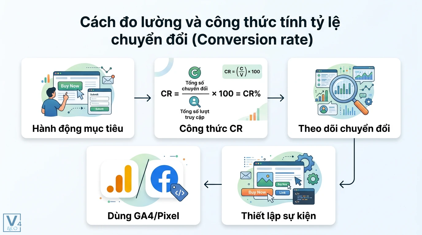 Conversions là gì? Hướng dẫn đo lường và tối ưu chuyển đổi hiện đại 2 Công thức tính tỷ lệ chuyển đổi CR và quy trình theo dõi hành động mục tiêu, thiết lập sự kiện qua Google Analytics 4 và Facebook Pixel
