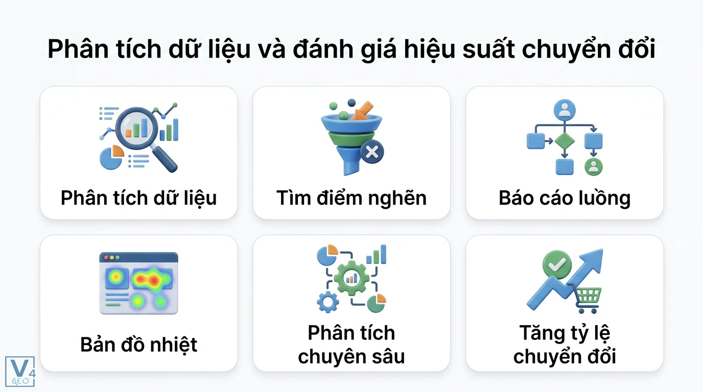 Conversions là gì? Hướng dẫn đo lường và tối ưu chuyển đổi hiện đại 3 Phân tích dữ liệu hiệu suất chuyển đổi bằng cách tìm điểm nghẽn, báo cáo luồng, bản đồ nhiệt, phân tích chuyên sâu nhằm tăng tỷ lệ chuyển đổi