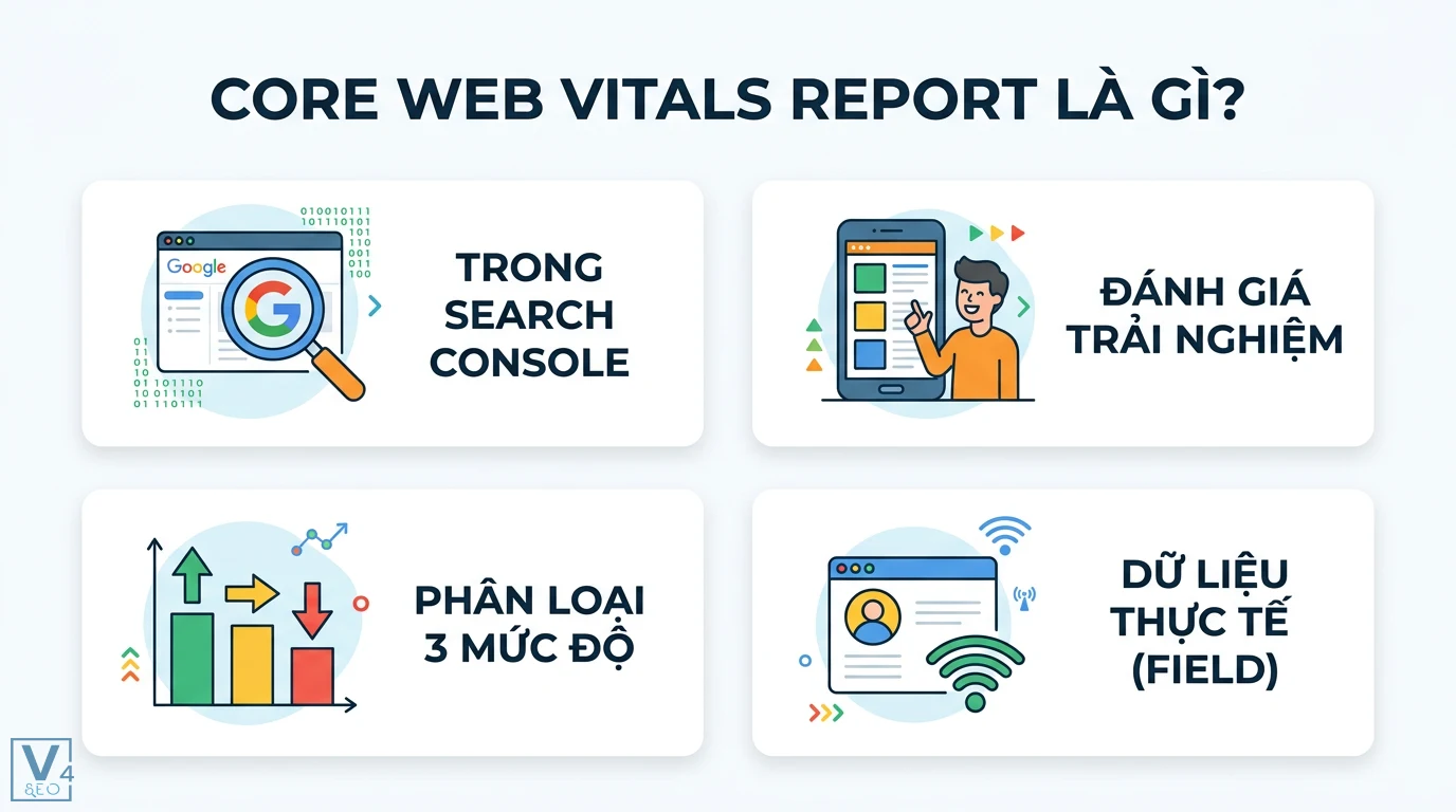 Core Web Vitals report là gì? Cách đọc báo cáo cho người mới 1 Core Web Vitals report trong Google Search Console đánh giá trải nghiệm người dùng từ dữ liệu thực tế và phân loại 3 mức độ hiệu suất website