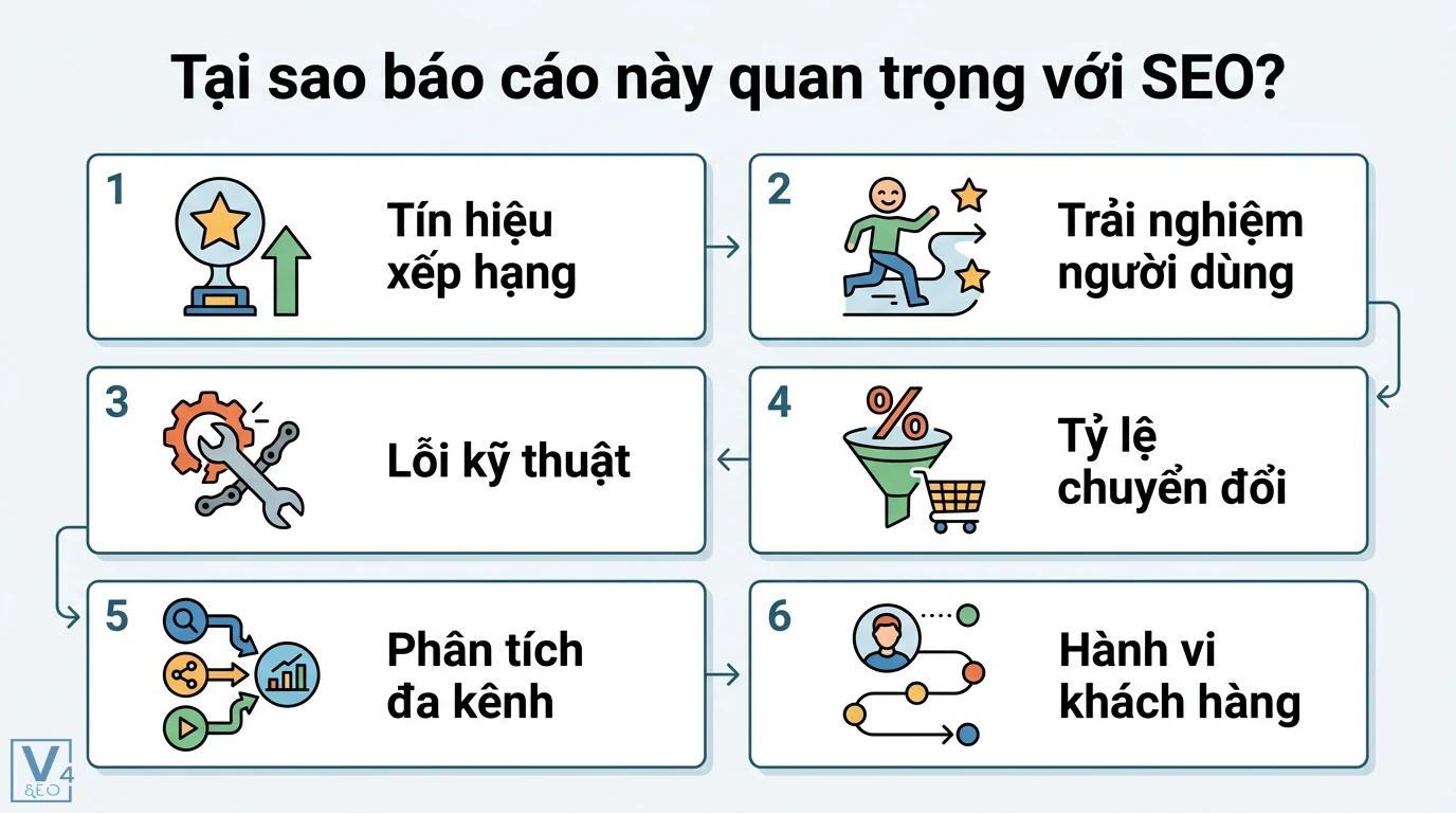 Core Web Vitals report là gì? Cách đọc báo cáo cho người mới 2 Vai trò Core Web Vitals trong SEO qua tín hiệu xếp hạng, trải nghiệm người dùng, lỗi kỹ thuật, tỷ lệ chuyển đổi và hành vi khách hàng