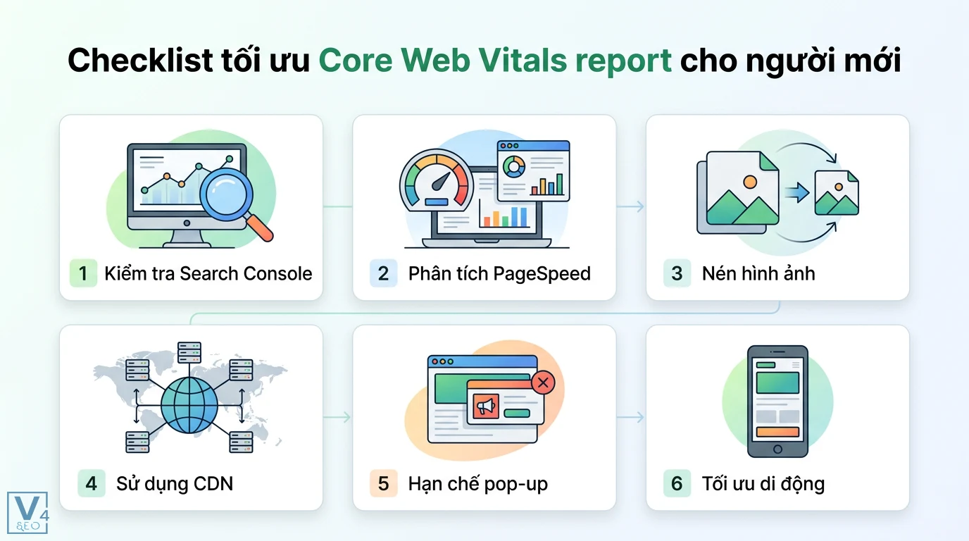 Core Web Vitals report là gì? Cách đọc báo cáo cho người mới 3 Checklist tối ưu Core Web Vitals website qua Search Console, PageSpeed Insights, nén dung lượng, dùng CDN, hạn chế pop-up và tối ưu di động