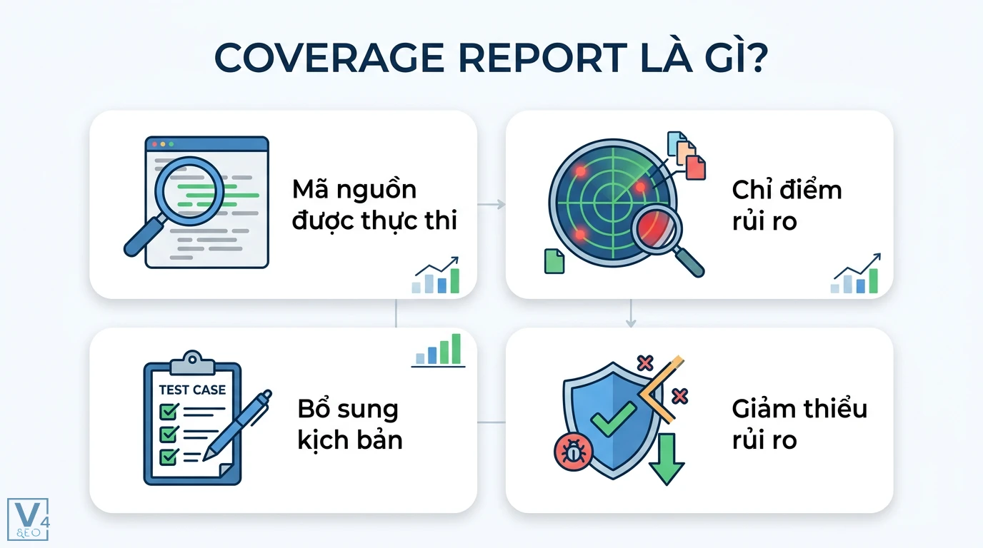 Coverage report là gì? Hướng dẫn đo Code Coverage cho QA và Dev 1 Coverage report xác định mã nguồn được thực thi nhằm chỉ điểm rủi ro, hỗ trợ bổ sung kịch bản kiểm thử và giảm thiểu rủi ro cho sản phẩm