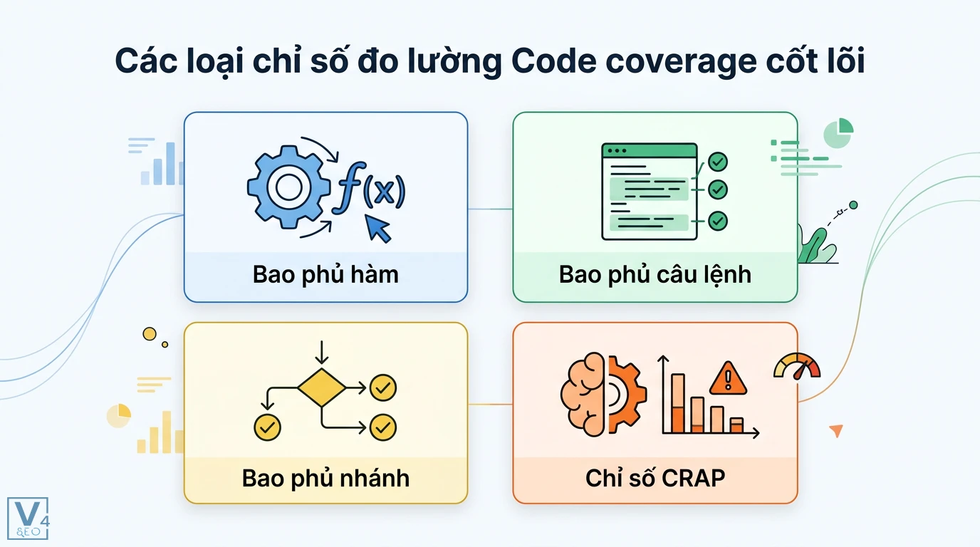 Coverage report là gì? Hướng dẫn đo Code Coverage cho QA và Dev 2 Các chỉ số đo lường Code coverage cốt lõi gồm Bao phủ hàm, Bao phủ câu lệnh, Bao phủ nhánh và Chỉ số CRAP giúp kiểm soát chất lượng mã nguồn