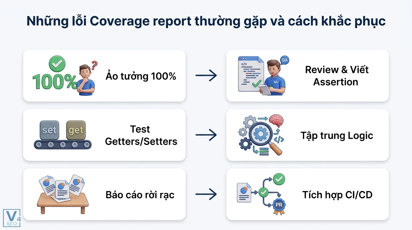 Coverage report là gì? Hướng dẫn đo Code Coverage cho QA và Dev 3 Cách khắc phục lỗi Coverage report bằng việc review assertion, tập trung kiểm thử logic thay vì getters/setters và tích hợp quy trình CI/CD tự động