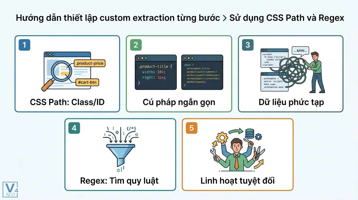 Custom extraction Screaming Frog là gì? Cách dùng XPath, CSS Path 2 Thiết lập custom extraction bằng CSS Path để trích xuất class ID và dùng Regex xử lý dữ liệu phức tạp từ mã script theo quy luật linh hoạt nhất