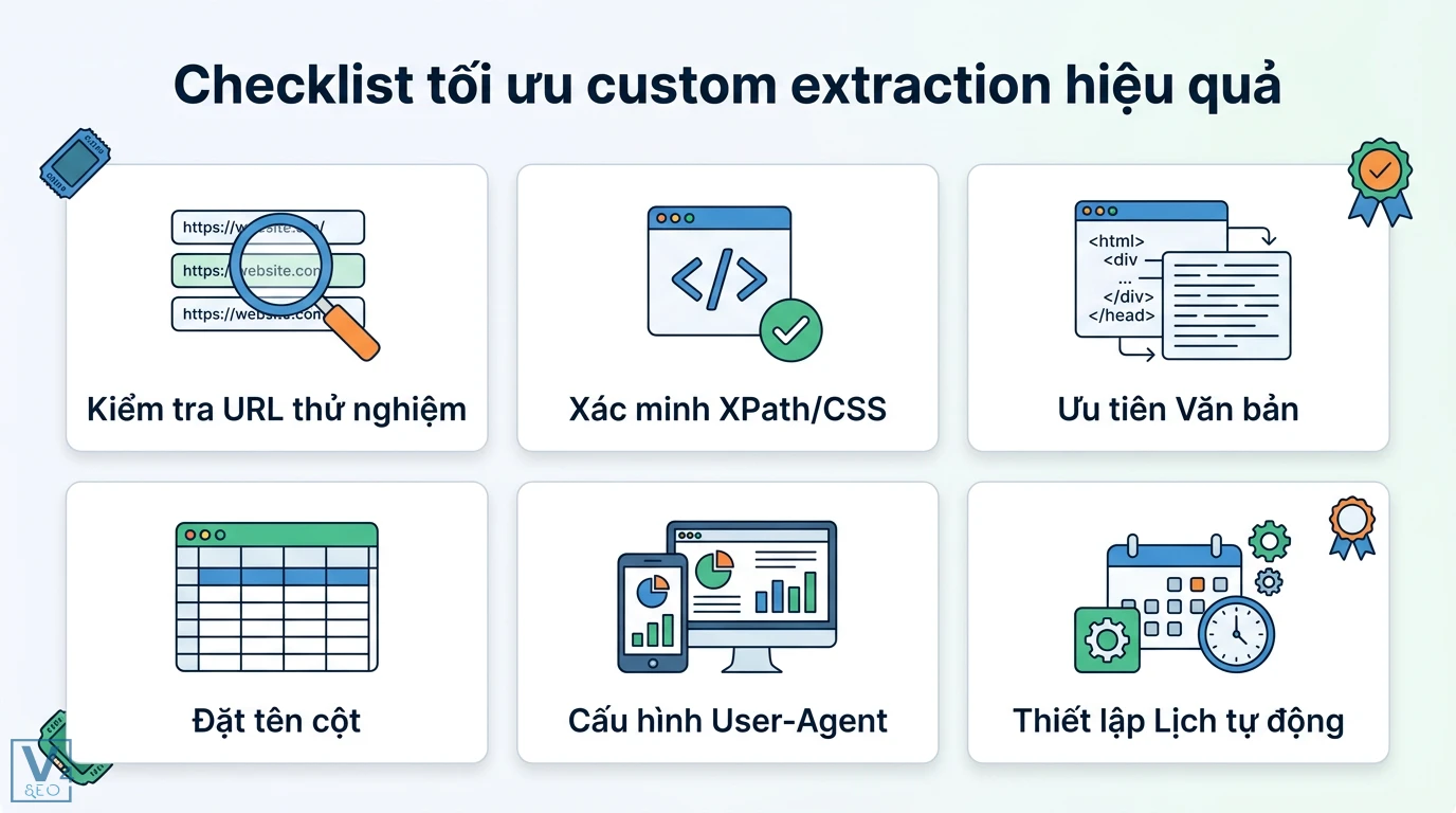 Custom extraction Screaming Frog là gì? Cách dùng XPath, CSS Path 3 Checklist tối ưu custom extraction gồm kiểm tra URL, xác minh XPath, ưu tiên văn bản, đặt tên cột, User-Agent và thiết lập lịch tự động quét