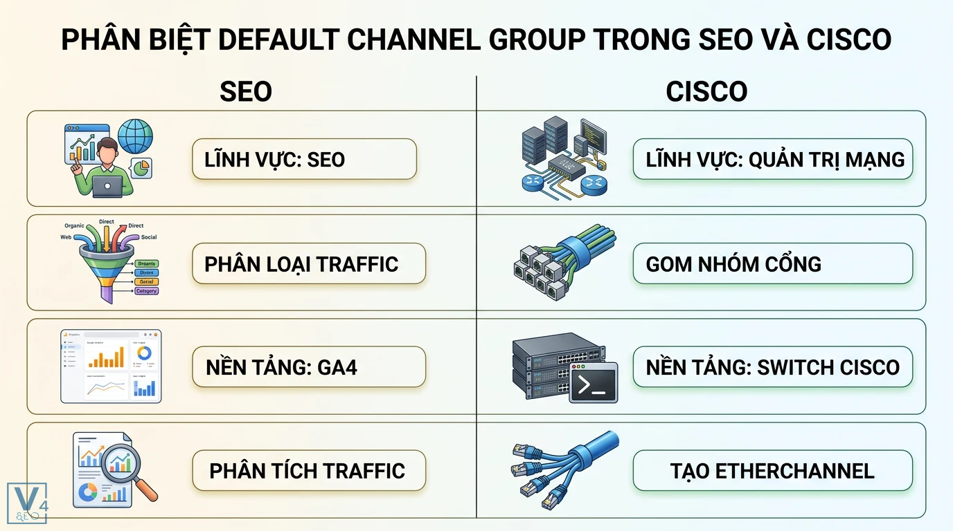 Default channel group là gì? Cấu hình EtherChannel chuẩn Cisco 1 Phân biệt Default Channel Group trong SEO để phân loại traffic GA4 và lệnh channel-group trên Cisco giúp gom nhóm cổng tạo EtherChannel